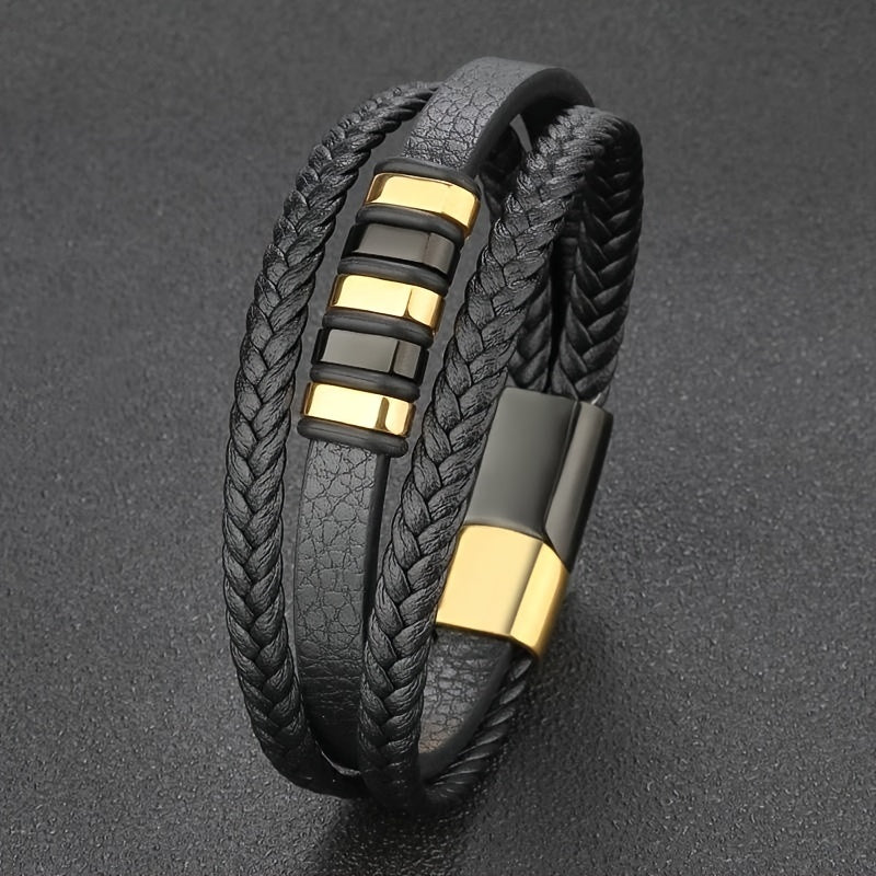 Mens Braided Faux Leather Bracelet - Vintage Punk Accessory with Magnetic Clasp - ZOOMNSTORE