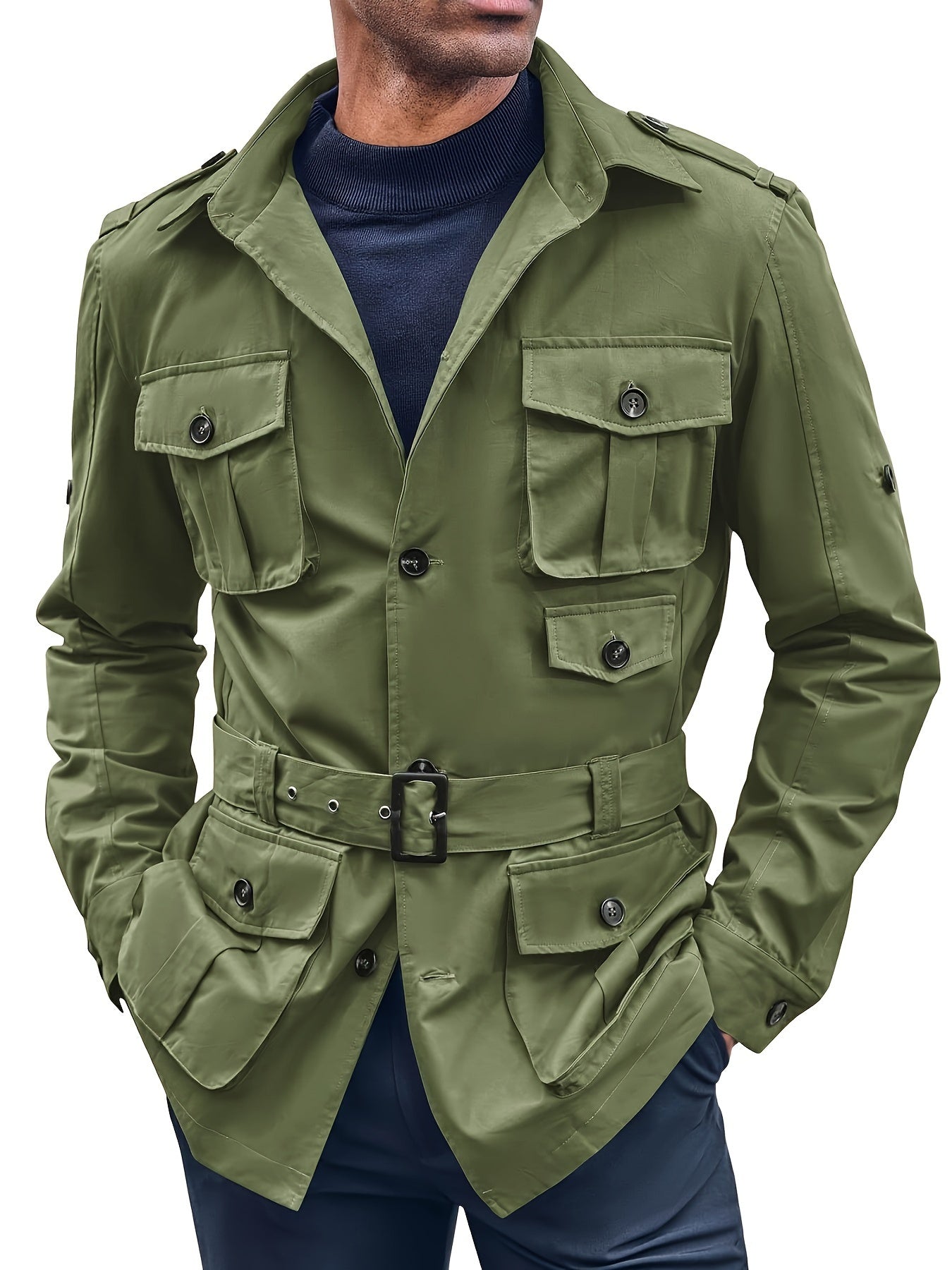 Mens Multi-Pocket Safari Jacket - Casual Outdoor Cargo Coat with Belt - ZOOMNSTORE