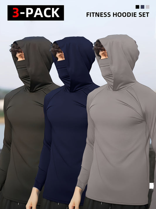 Mens Sun Protection Hoodies with Face Mask - Lightweight Running Activewear 3pcs - ZOOMNSTORE