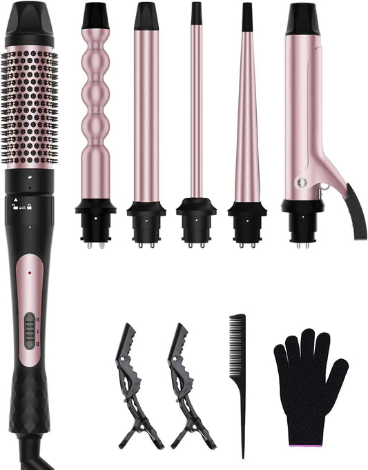 6 in 1 Curling Iron - Ceramic Curling Wand Set with Thermal Brush & Bubble Barrel - ZOOMNSTORE