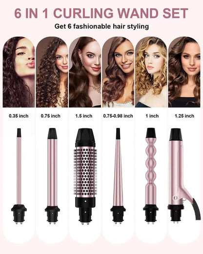 6 in 1 Curling Iron - Ceramic Curling Wand Set with Thermal Brush & Bubble Barrel - ZOOMNSTORE