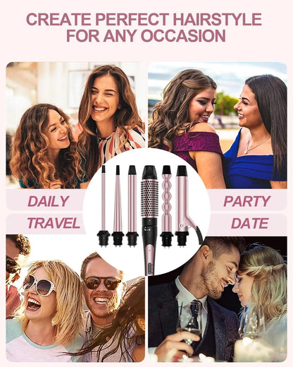 6 in 1 Curling Iron - Ceramic Curling Wand Set with Thermal Brush & Bubble Barrel - ZOOMNSTORE