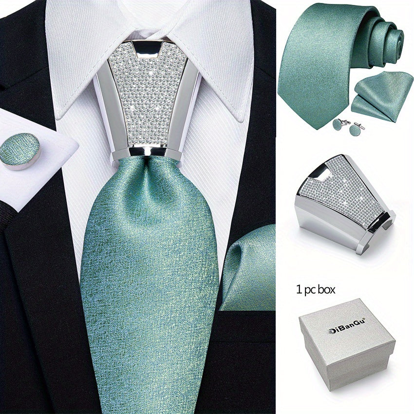 Mens Silvery Necktie Set - Necktie Ring Handkerchief  Cufflinks with Gift Box - ZOOMNSTORE