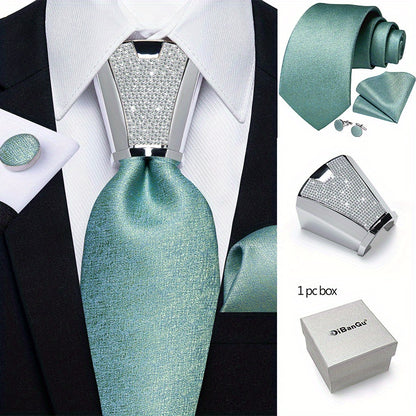 Mens Silvery Necktie Set - Necktie Ring Handkerchief  Cufflinks with Gift Box - ZOOMNSTORE