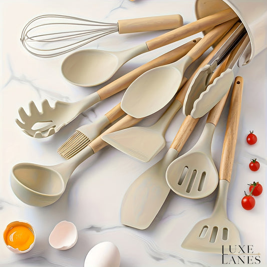 Non-Stick Silicone Kitchen Utensil Set - 12pcs with Ergonomic Wooden Handles Heat-Resistant  Easy to Clean - ZOOMNSTORE