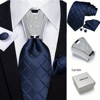 Mens Silvery Necktie Set - Necktie Ring Handkerchief  Cufflinks with Gift Box - ZOOMNSTORE