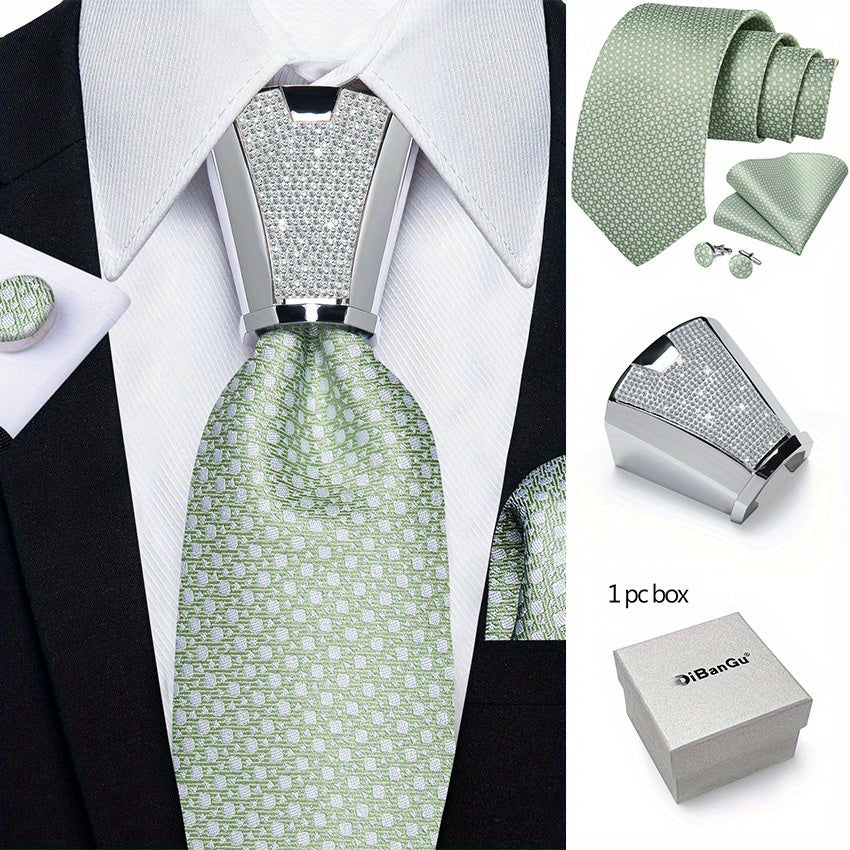 Mens Silvery Necktie Set - Necktie Ring Handkerchief  Cufflinks with Gift Box - ZOOMNSTORE