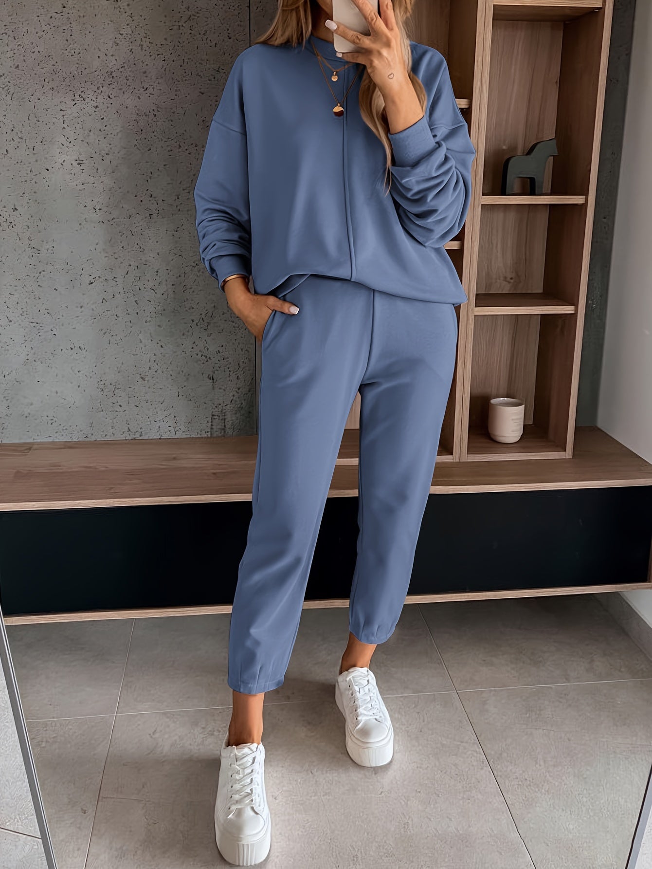 Womens Long Sleeve Pullover  Jogging Pants Set - Casual Autumn Winter Commuting Outfit with Pockets - ZOOMNSTORE