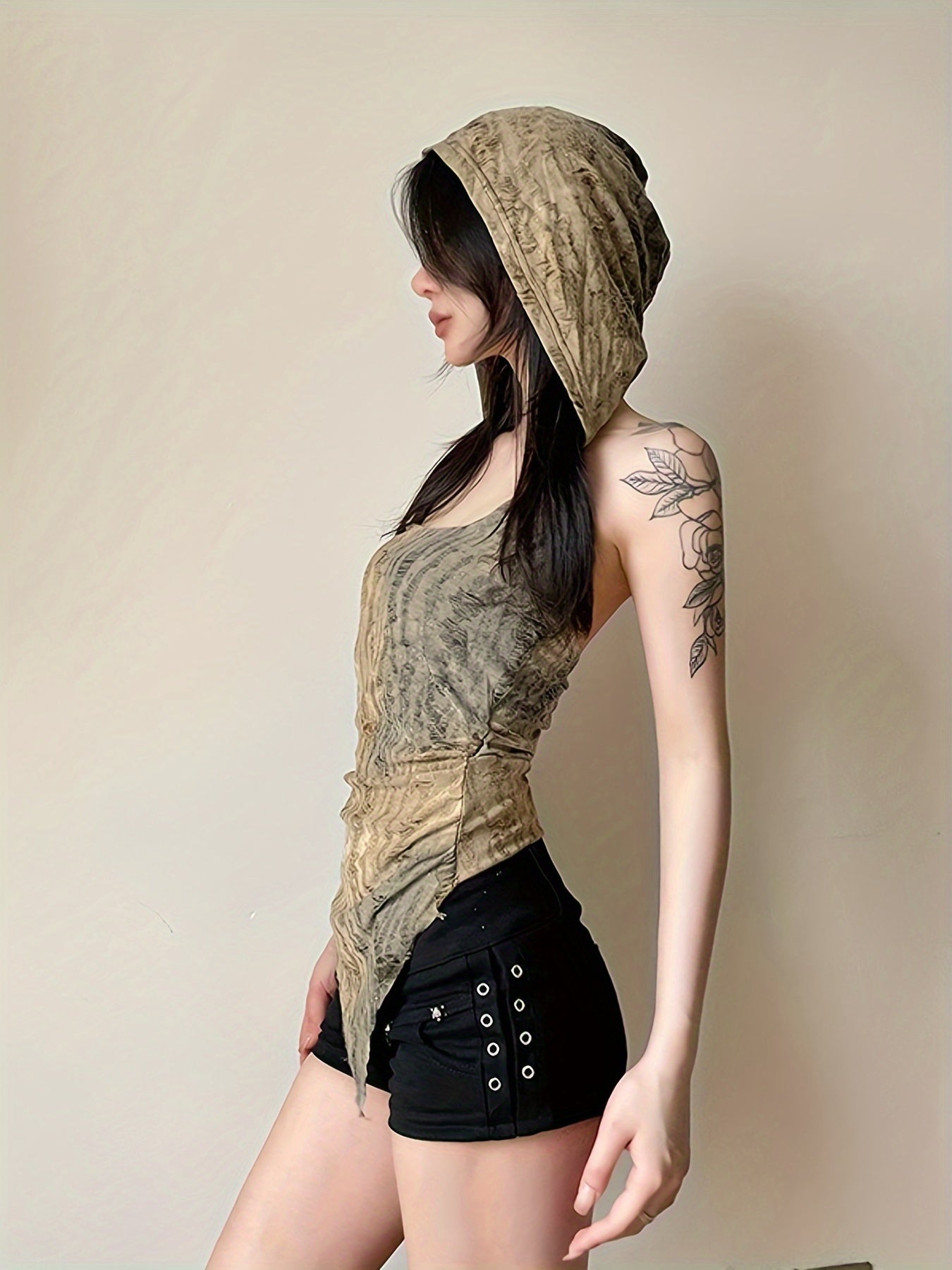 Women's Hooded Tank Tops Slim Ripped Sleeveless Open Back Asymmetrical Shirt for Summer Streetwear - ZOOMNSTORE