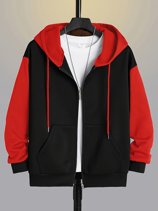 Mens Color Block Zip-Up Hoodie - Casual Long Sleeve Sweater with Pockets and Drawstring Hood - ZOOMNSTORE