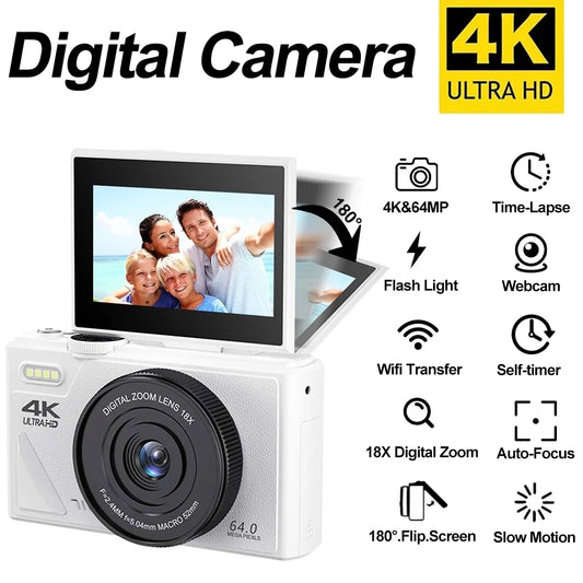 64MP 4K Digital Camera with 30 Flip Screen 18X Zoom  WIFI - Vlogging  YouTube Webcam - ZOOMNSTORE