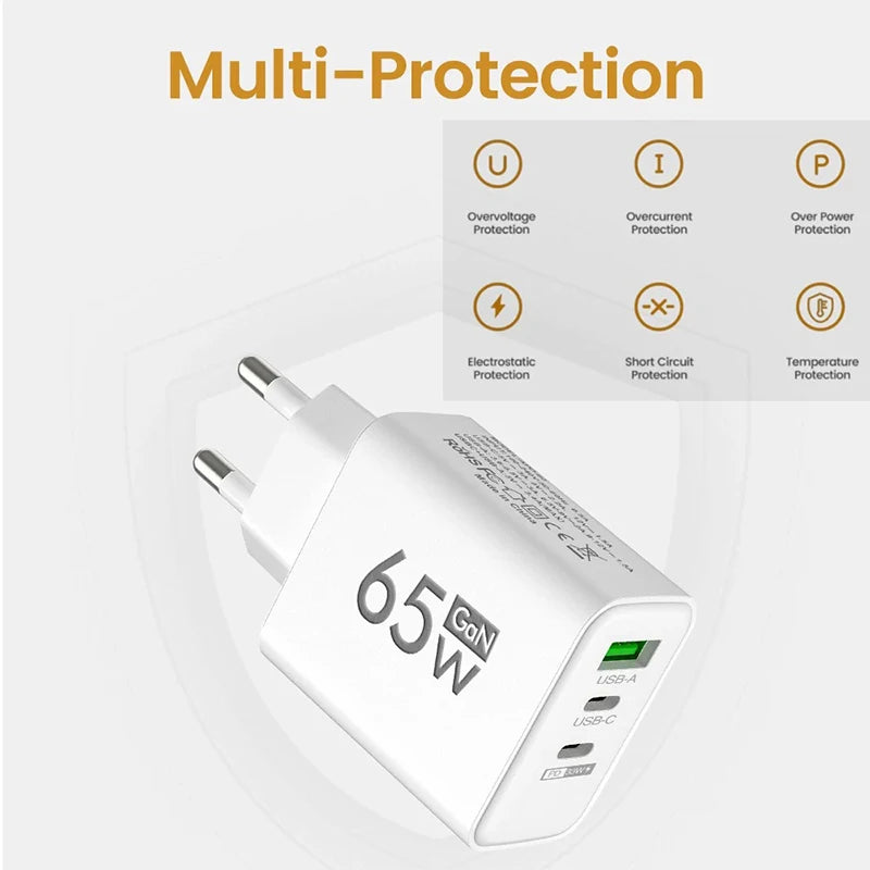 GaN Fast Charging 65W USB Type C Charger EU KR PD 3.0 Quick Charge Wall For Phone Adapter For iPhone 15 Xiaomi Huawei Samsung - ZOOMNSTORE