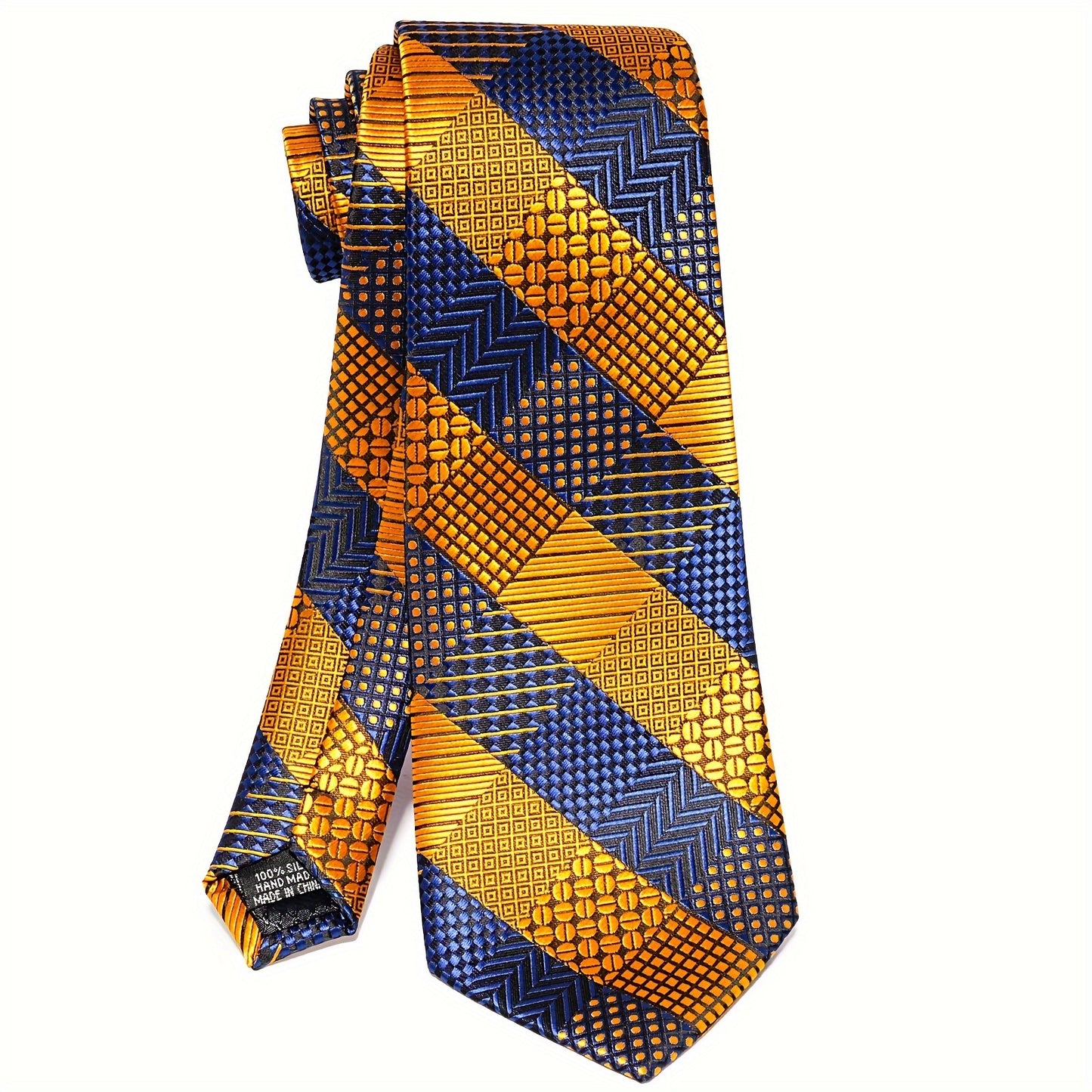 Mens Golden Plaid Tie Set - 4PCS Necktie Pocket Square Cufflinks for Weddings  Business - ZOOMNSTORE
