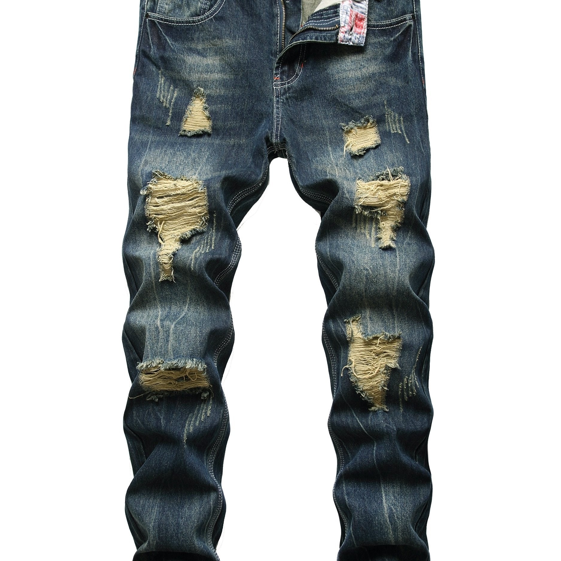 Mens Slim Fit Distressed Denim Jeans - Black with Rips All-Season Cotton Blend - ZOOMNSTORE