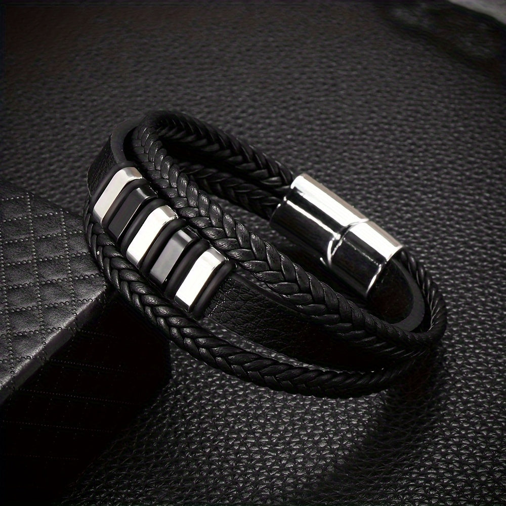 Mens Braided Faux Leather Bracelet - Vintage Punk Accessory with Magnetic Clasp - ZOOMNSTORE