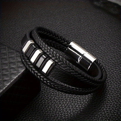 Mens Braided Faux Leather Bracelet - Vintage Punk Accessory with Magnetic Clasp - ZOOMNSTORE