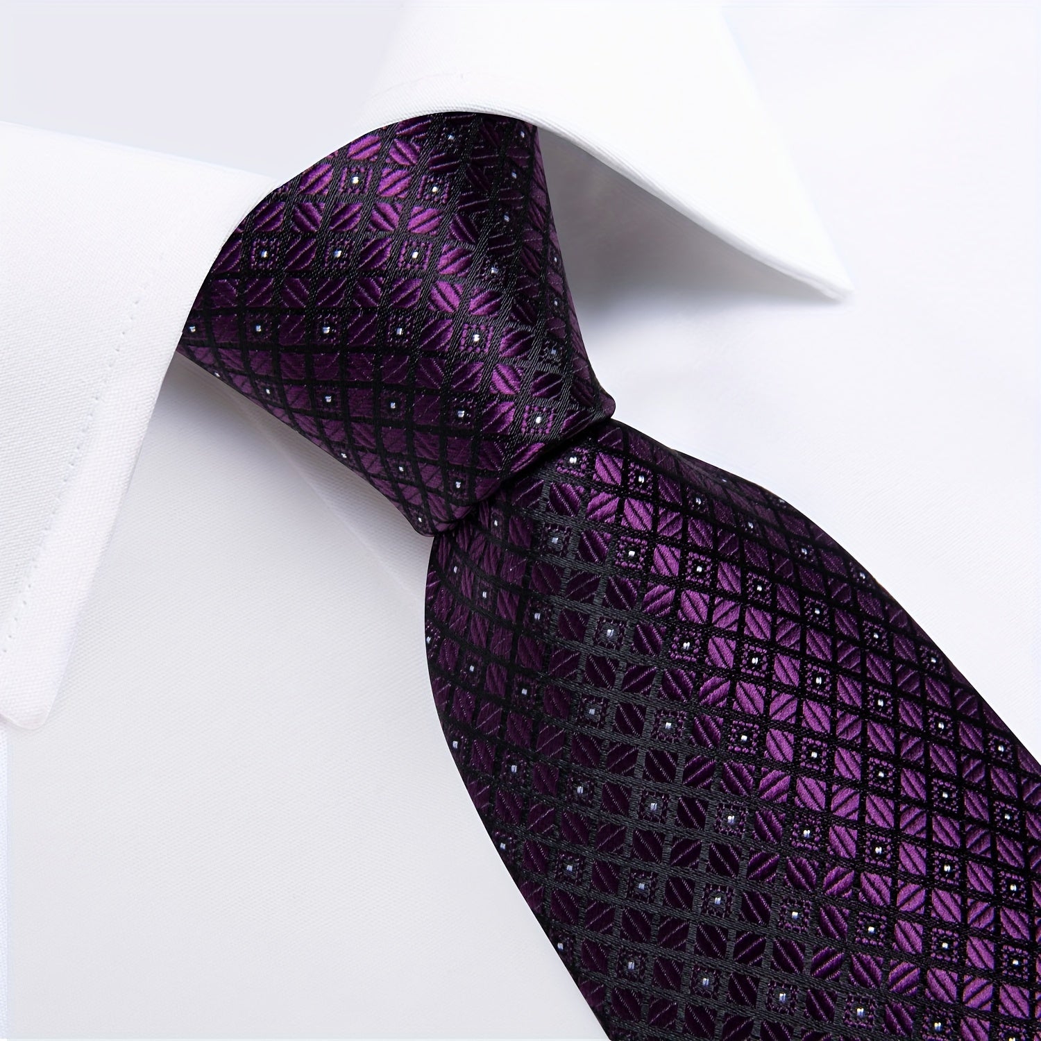 Classic Mens Silk Tie Set - Purple Check Necktie Hanky  Cufflinks - ZOOMNSTORE