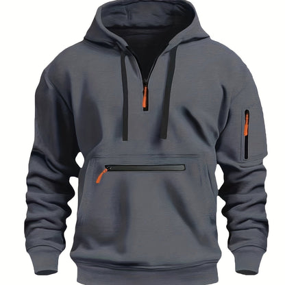 Men's Solid ColorHalf-Zip Design Long Sleeve Casual Hooded Sweatshirt With Kangaroo Pocket For Fall/Winter Casual Daily Wear - ZOOMNSTORE