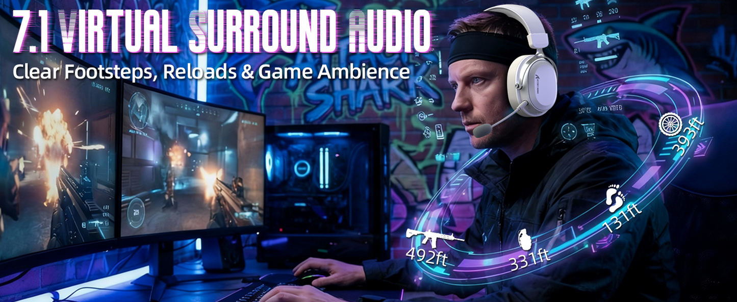 ATTACK SHARK L30 Pro Wireless Gaming Headset with 2.4Ghz/BT/Wired, Long Battery Life with Detachable Microphone 7.1 Surround Sou