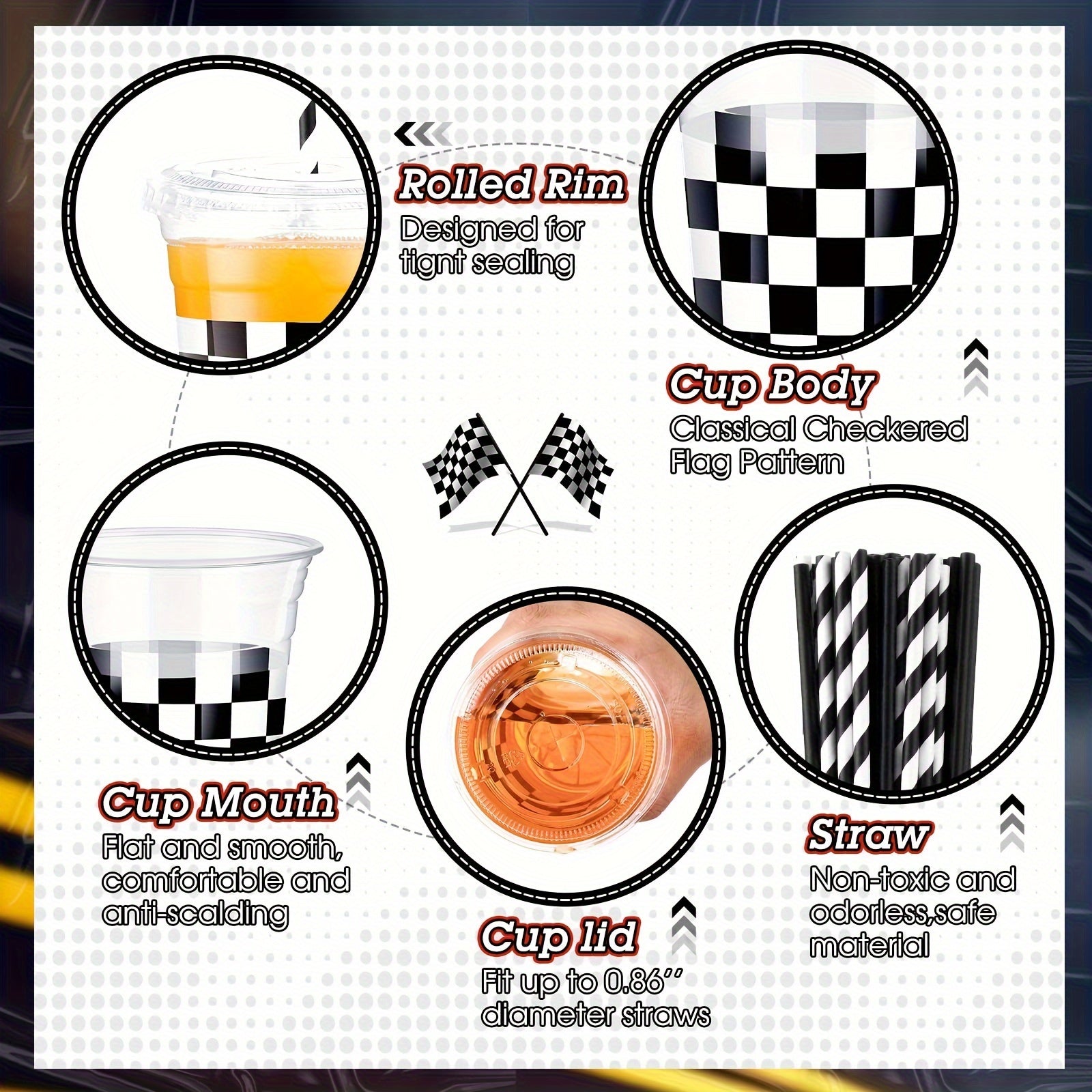 Disposable Plastic Cups with Lids and Paper Straws - 12 oz Clear Checkered Flag Print Party Supplies - ZOOMNSTORE