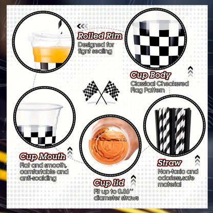 Disposable Plastic Cups with Lids and Paper Straws - 12 oz Clear Checkered Flag Print Party Supplies - ZOOMNSTORE