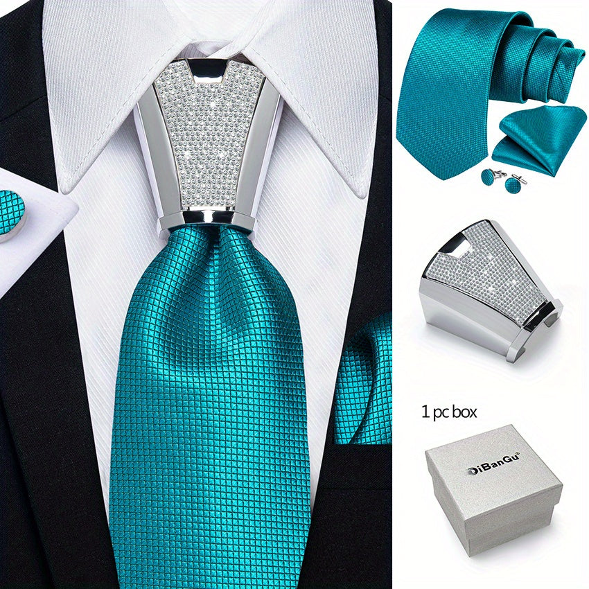 Mens Silvery Necktie Set - Necktie Ring Handkerchief  Cufflinks with Gift Box - ZOOMNSTORE