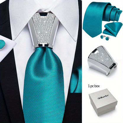 Mens Silvery Necktie Set - Necktie Ring Handkerchief  Cufflinks with Gift Box - ZOOMNSTORE