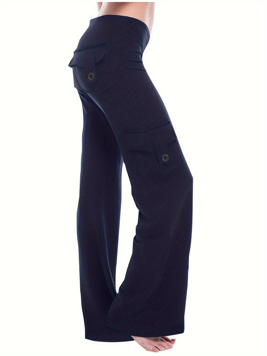Women's High-Waisted Wide Leg Yoga Pants - Light Gray Cargo Design with Faux Pockets, Breathable Polyester Fabric for Comfort & Style, Perfect for Yoga, Casual Wear, or Outdoor Activities - ZOOMNSTORE