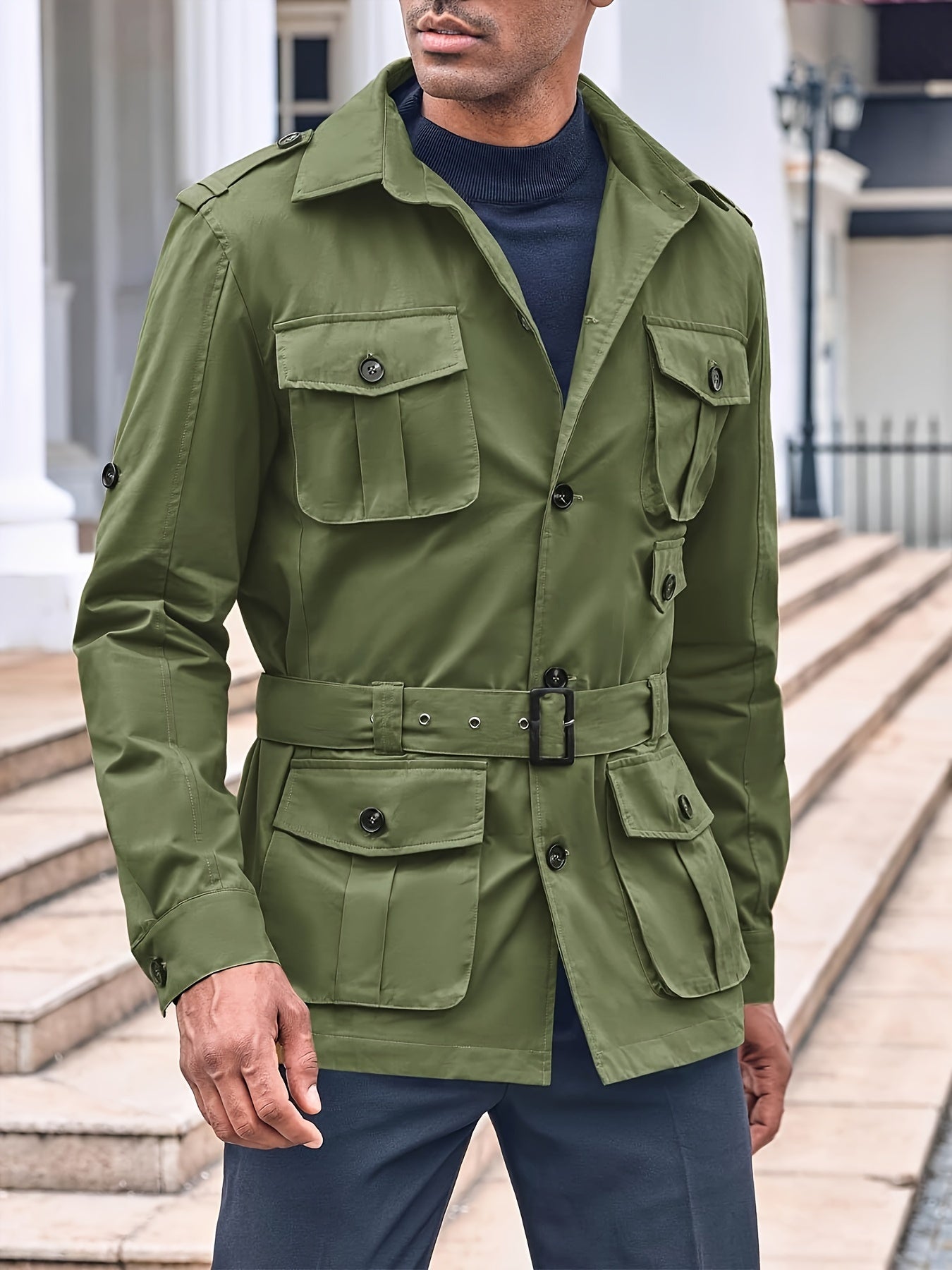 Mens Multi-Pocket Safari Jacket - Casual Outdoor Cargo Coat with Belt - ZOOMNSTORE