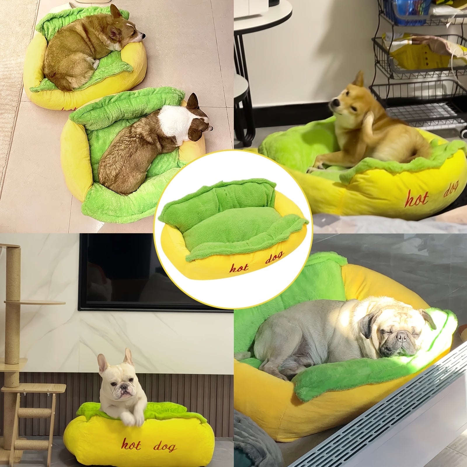 Soft Plush Hot Dog Pet Bed - Removable Cushion for Small to Medium Pets Easy to Clean Vibrant Yellow Green - ZOOMNSTORE