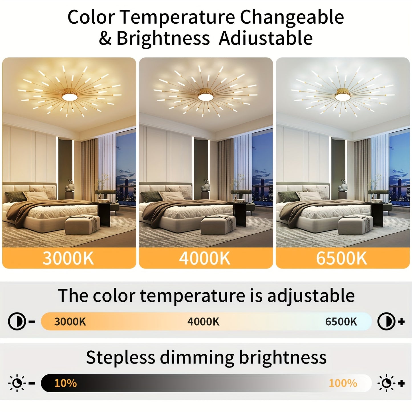 Gold Modern Fireworks Chandelier with 30 LEDs Adjustable 60W-120W 3000K-6500K Lighting for Living Room Bedroom and Dining Room - ZOOMNSTORE