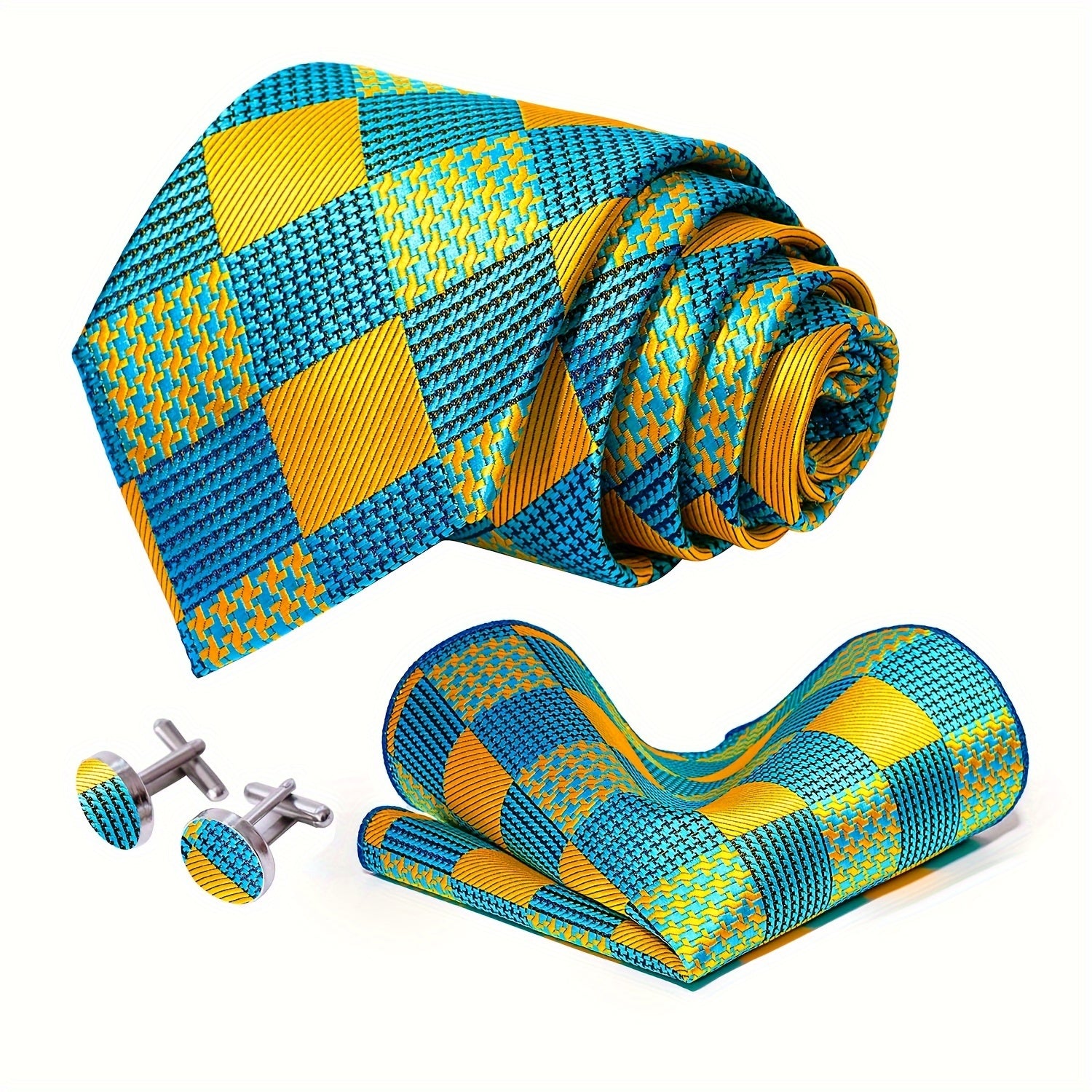 Mens Golden Plaid Tie Set - Necktie Pocket Square  Cufflinks - ZOOMNSTORE