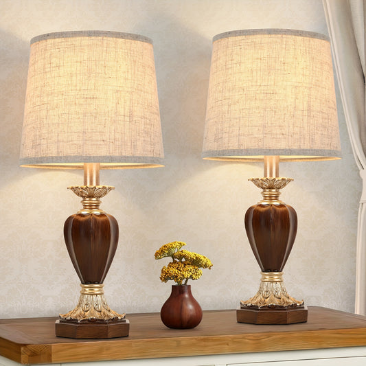 Rustic Table Lamps Set of 2 - Vintage Bedside Lamps with Cream Fabric Shade - ZOOMNSTORE