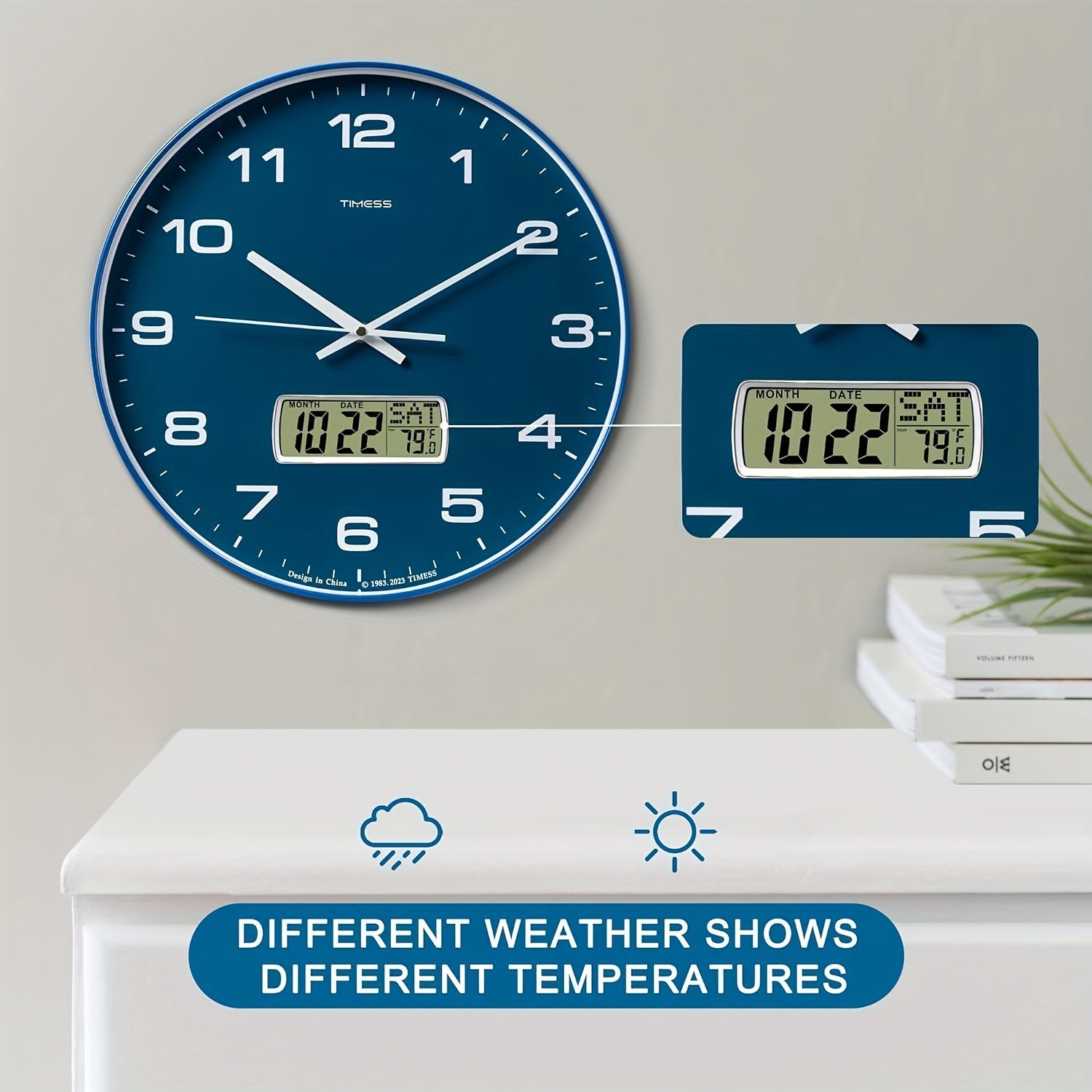 Silent No-Ticking Wall Clock with Perpetual Calendar - Easy-to-Read Analog and Digital Time in Teal White Blue Gold - ZOOMNSTORE