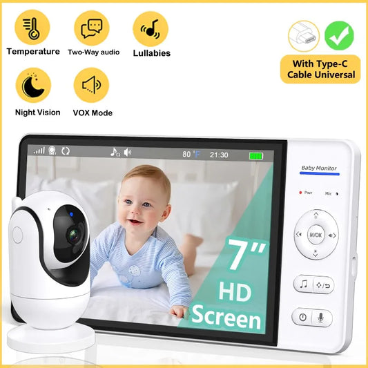 No WiFi 7 Inch Baby Monitor 2-Way Audio Night Vision 4X Zoom  Wireless Kids Protection Surveillance Video Camera 5000mAh Battery - ZOOMNSTORE