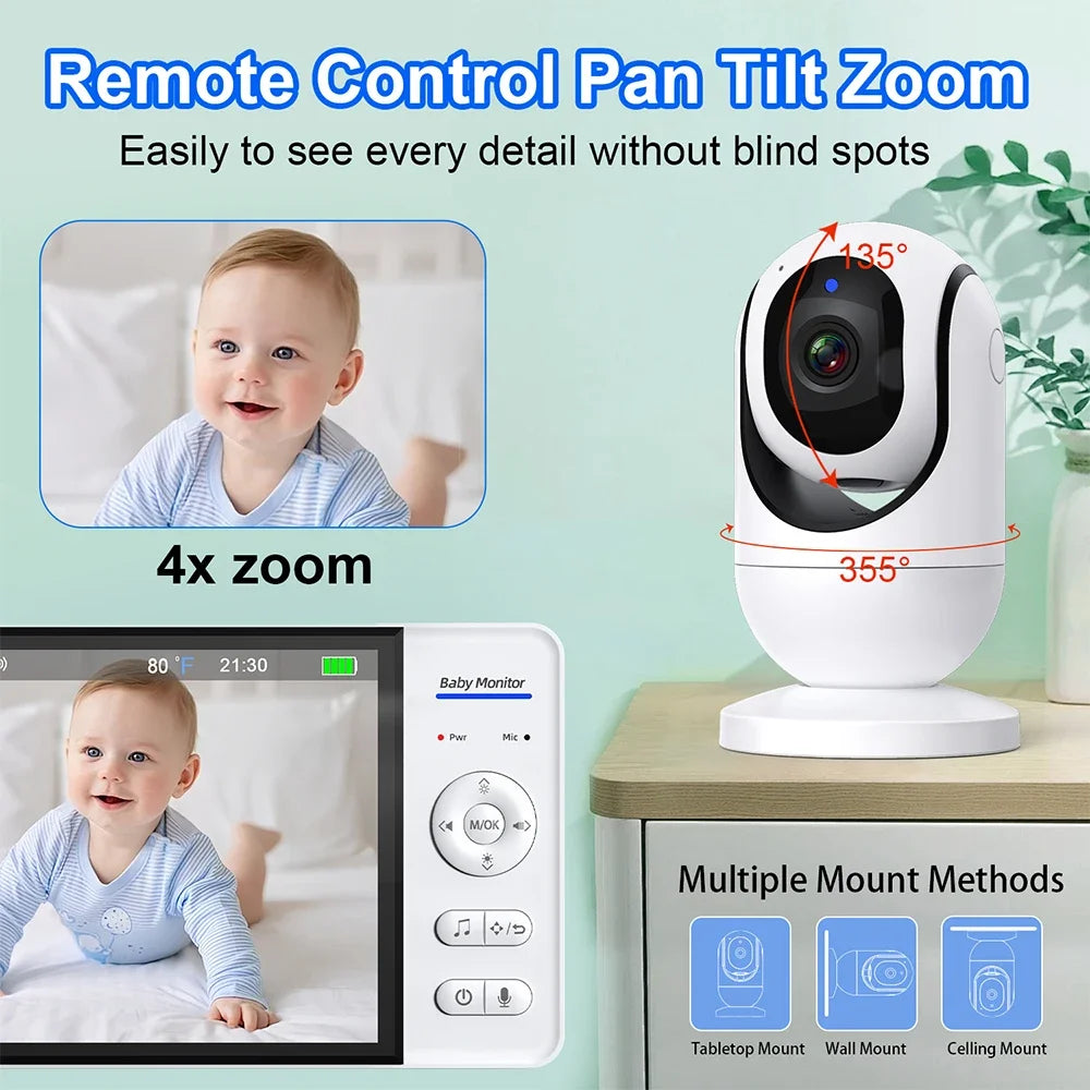 No WiFi 7 Inch Baby Monitor 2-Way Audio Night Vision 4X Zoom  Wireless Kids Protection Surveillance Video Camera 5000mAh Battery - ZOOMNSTORE
