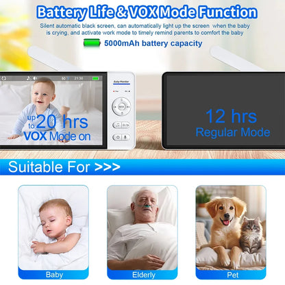 No WiFi 7 Inch Baby Monitor 2-Way Audio Night Vision 4X Zoom  Wireless Kids Protection Surveillance Video Camera 5000mAh Battery - ZOOMNSTORE