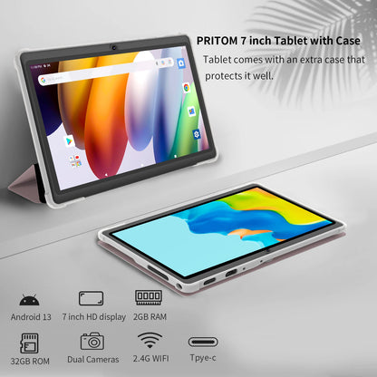 Pritom 7 Inch Android Tablet - Quad Core 4GB RAM 32GB Storage WiFi Dual Camera USB-C Leather Case - ZOOMNSTORE