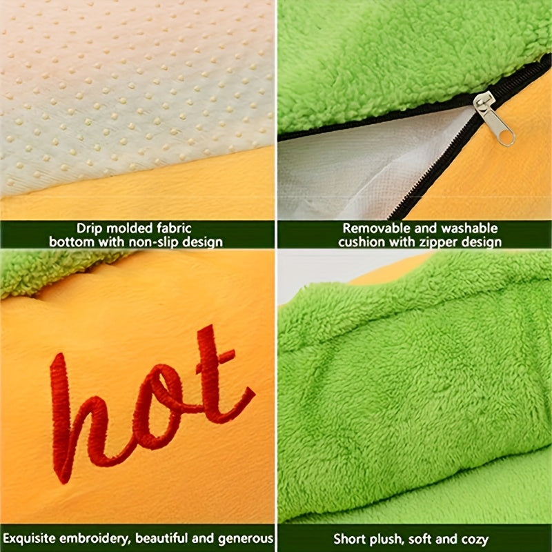 Soft Plush Hot Dog Pet Bed - Removable Cushion for Small to Medium Pets Easy to Clean Vibrant Yellow Green - ZOOMNSTORE