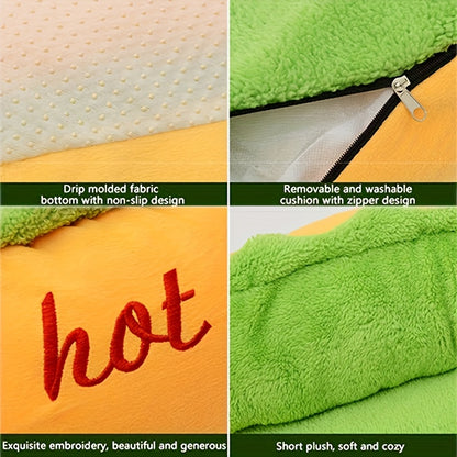Soft Plush Hot Dog Pet Bed - Removable Cushion for Small to Medium Pets Easy to Clean Vibrant Yellow Green - ZOOMNSTORE