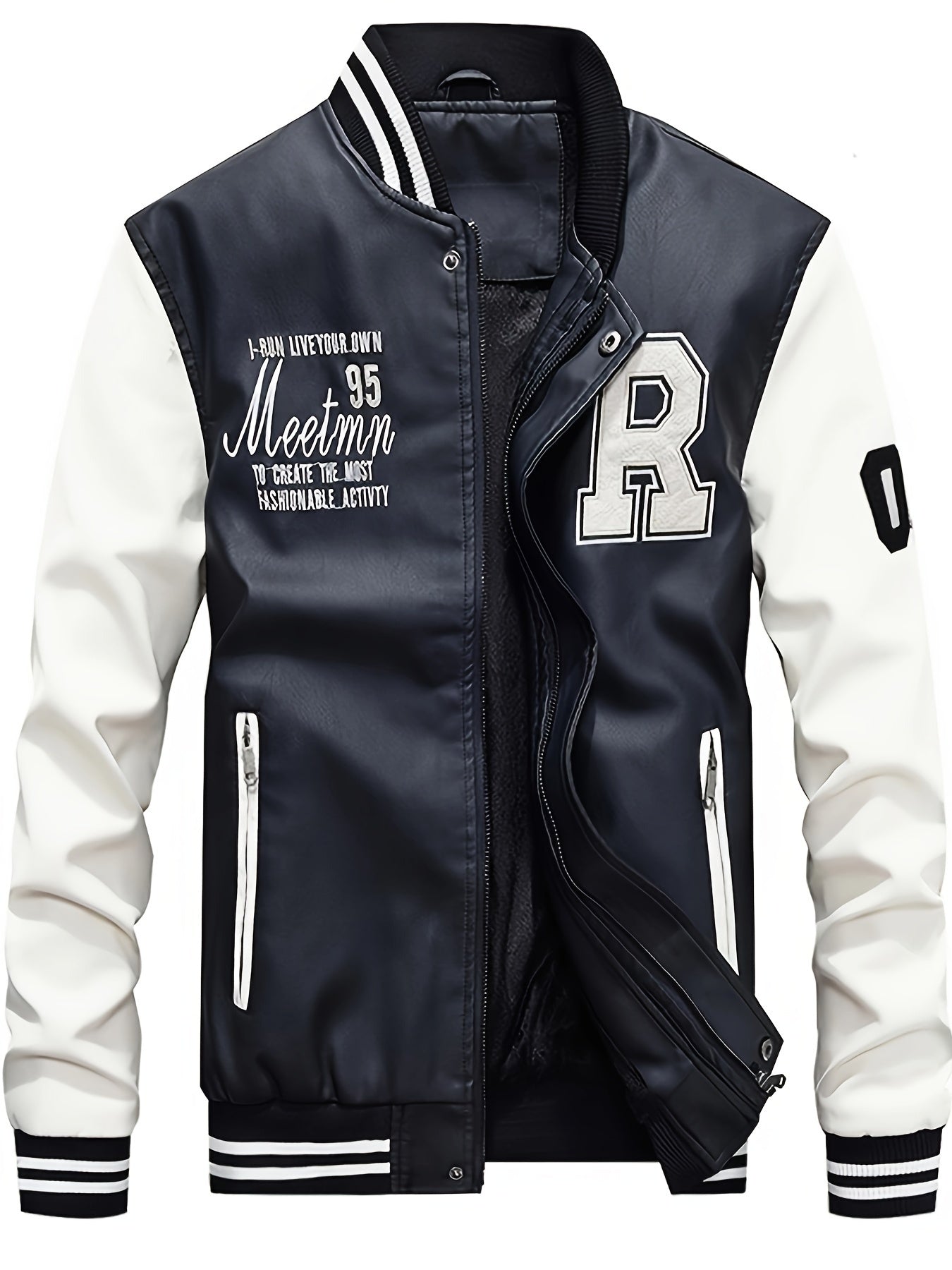Slim Fit Mens Faux Leather Baseball Jacket - Casual Stand Collar Coat - ZOOMNSTORE