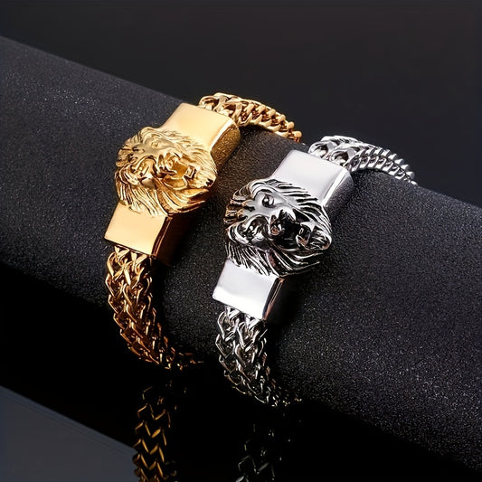 Mens Stainless Steel Lion Head Bracelet - 2PCS Hip-Hop Braided Chain Wristband - ZOOMNSTORE