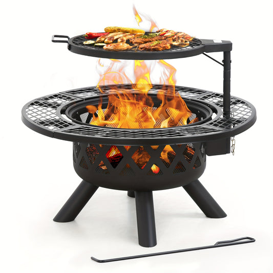 Bali Outdoors Round Wood Burning Fire Pit - Sturdy Steel BBQ Pit for Backyard Parties - ZOOMNSTORE
