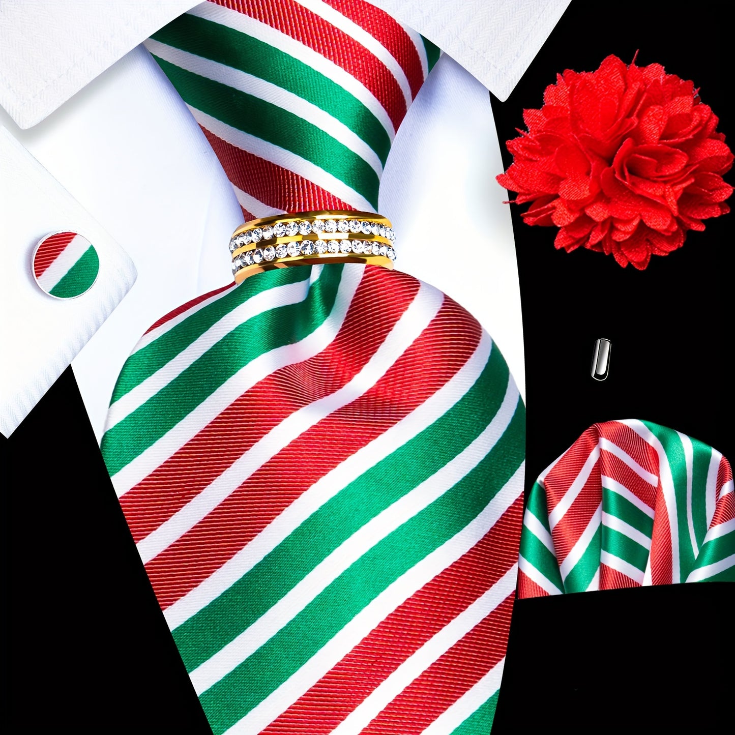 Mens Luxury Tie Set - Elegant 5PCS with Pocket Square Cufflinks Tie Ring Lapel Pin - ZOOMNSTORE