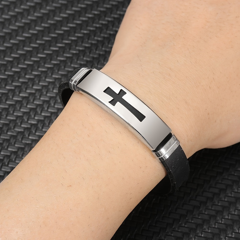 Minimalist Stainless Steel Cross Bracelet - Personalized Mens Silicone Wristband Punk Style Gift - ZOOMNSTORE