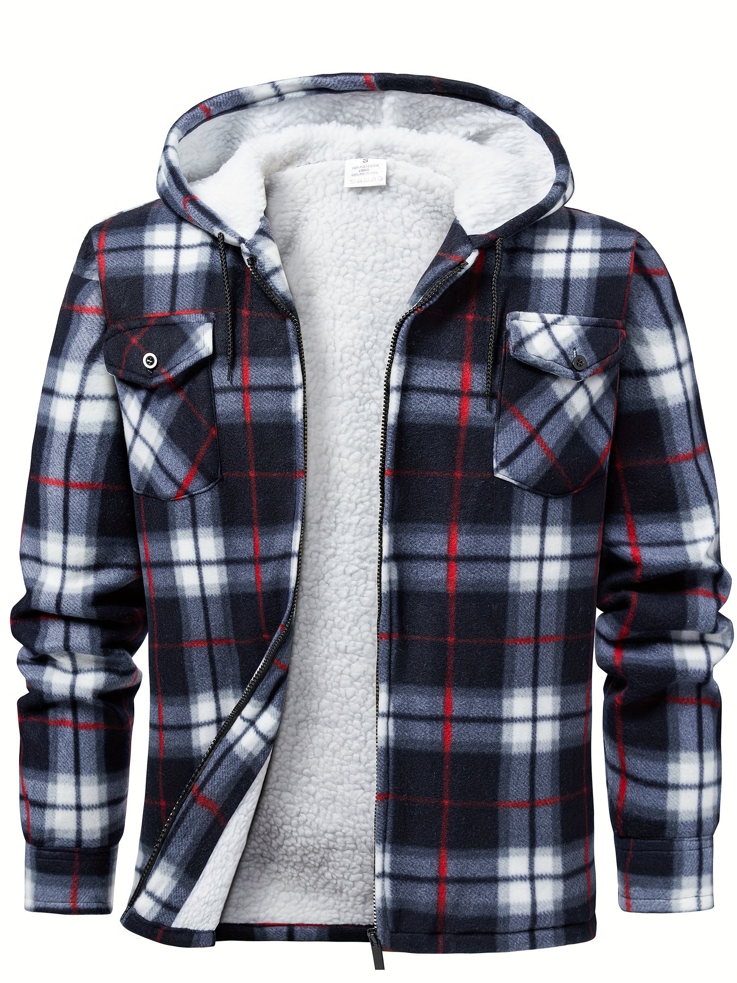 Men's fleece hooded casual fashion plaid zipper jacket - ZOOMNSTORE
