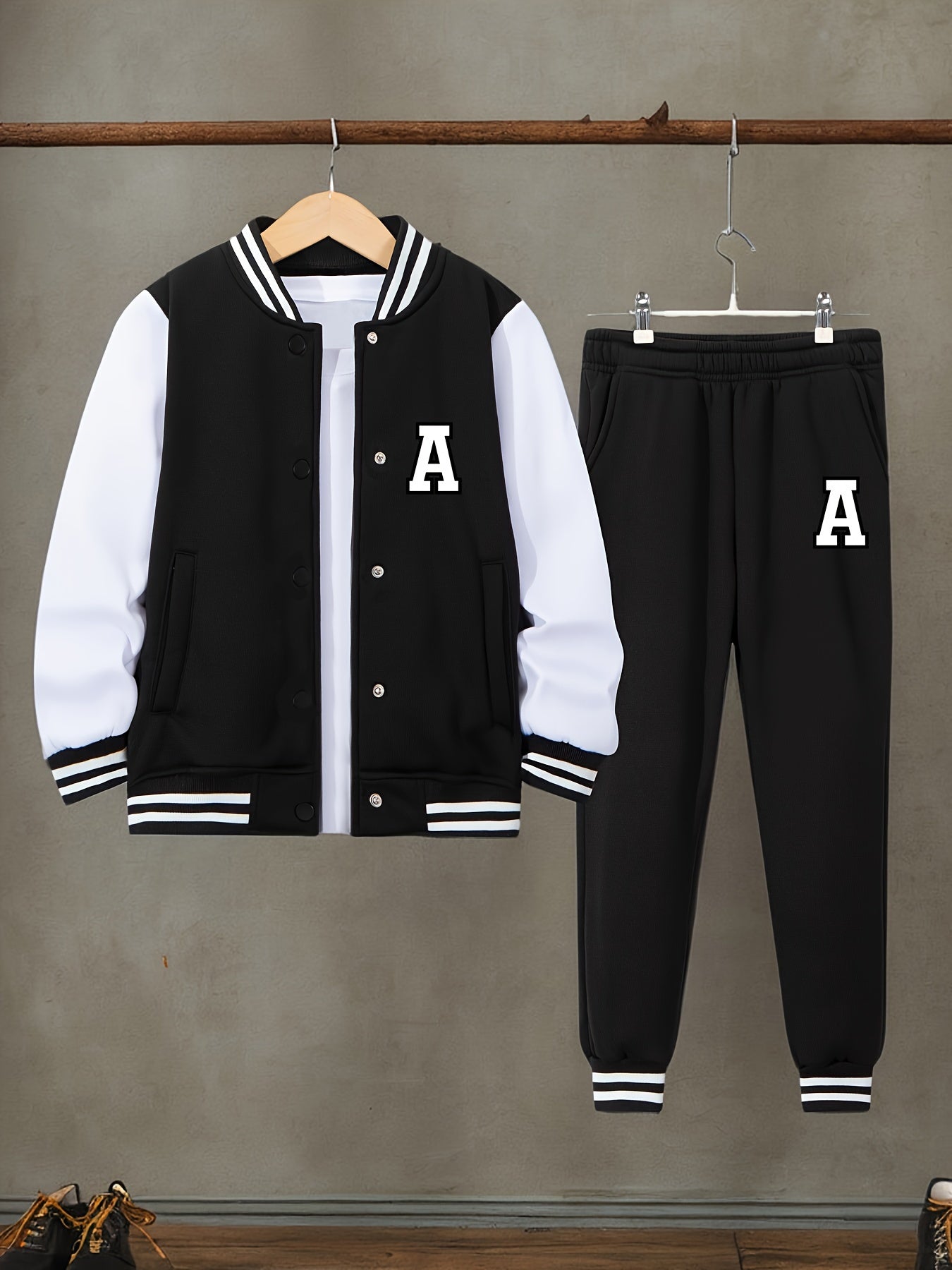 Boys Varsity Jacket and Joggers Set - Cozy Striped Fleece Fall Outfit - ZOOMNSTORE