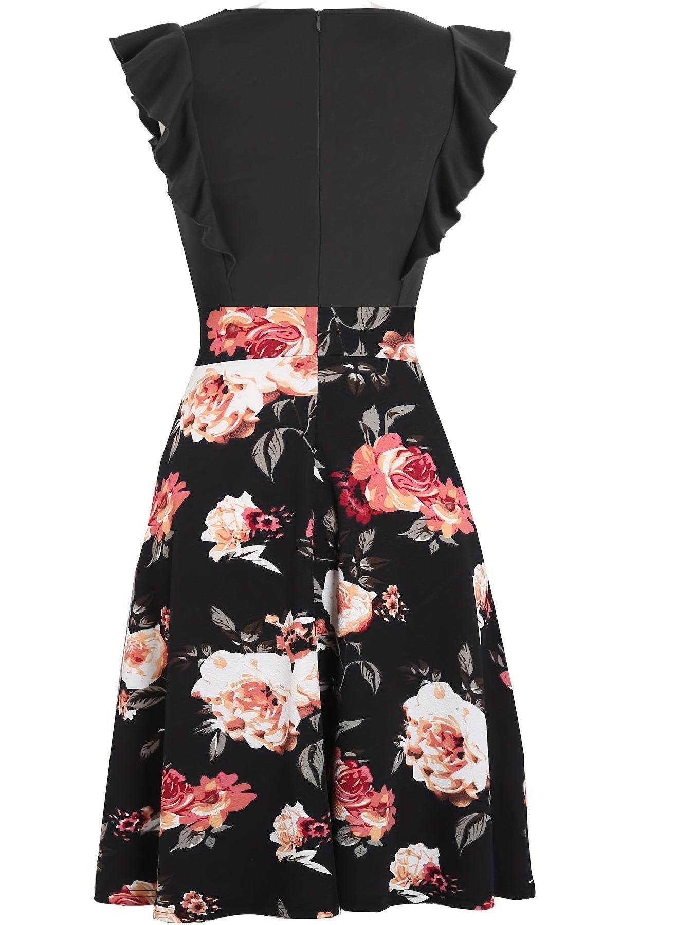 Elegant Floral Midi Dress for Women - Navy Blue with Ruffled Sleeves, Keyhole Neckline, and Stretchy Polyester Blend, Machine Washable, Perfect for All Seasons - ZOOMNSTORE