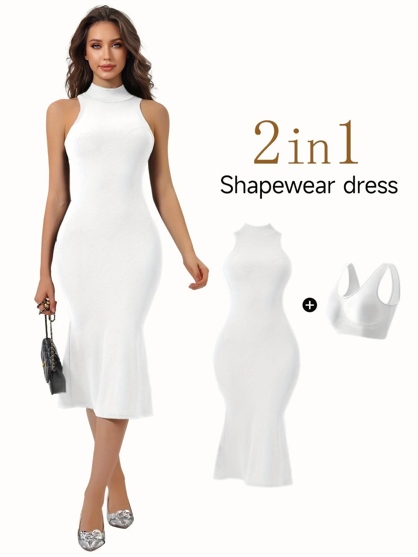 1pc Women'S 2-in-1 Midi Mermaid Dress with Built-in Bra, High Neck Sleeveless, Rib-Knit Stretch Fabric, Polyester 92% Elastane 8%, Casual Fit and Flare, Knee-Length, Spring/Summer/Fall Collection - ZOOMNSTORE