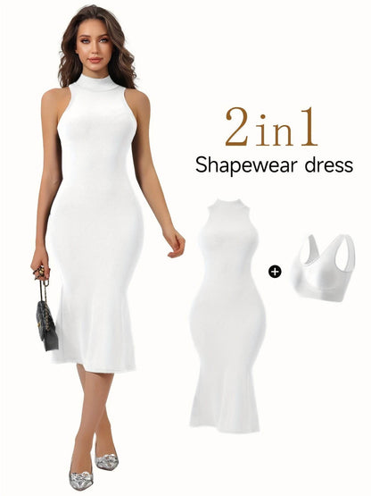 1pc Women'S 2-in-1 Midi Mermaid Dress with Built-in Bra, High Neck Sleeveless, Rib-Knit Stretch Fabric, Polyester 92% Elastane 8%, Casual Fit and Flare, Knee-Length, Spring/Summer/Fall Collection - ZOOMNSTORE